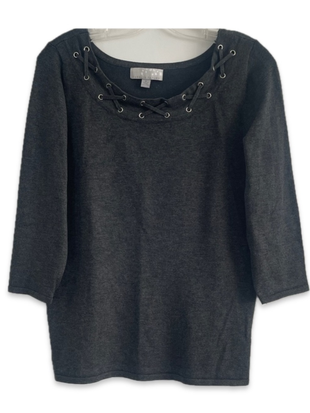 Carolyn Taylor Dark Grey Knit Top Lace-Up Neckline 3/4 Sleeve Medium